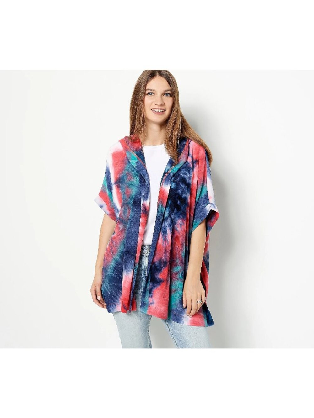 Attitudes by Renee Topper XXS Malibu Knit Tie Dye Hooded Ruana Firecracker NEW